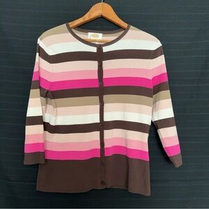 Talbots brown pink tan stripes 3/4 sleeve button front cardigan sweater Small